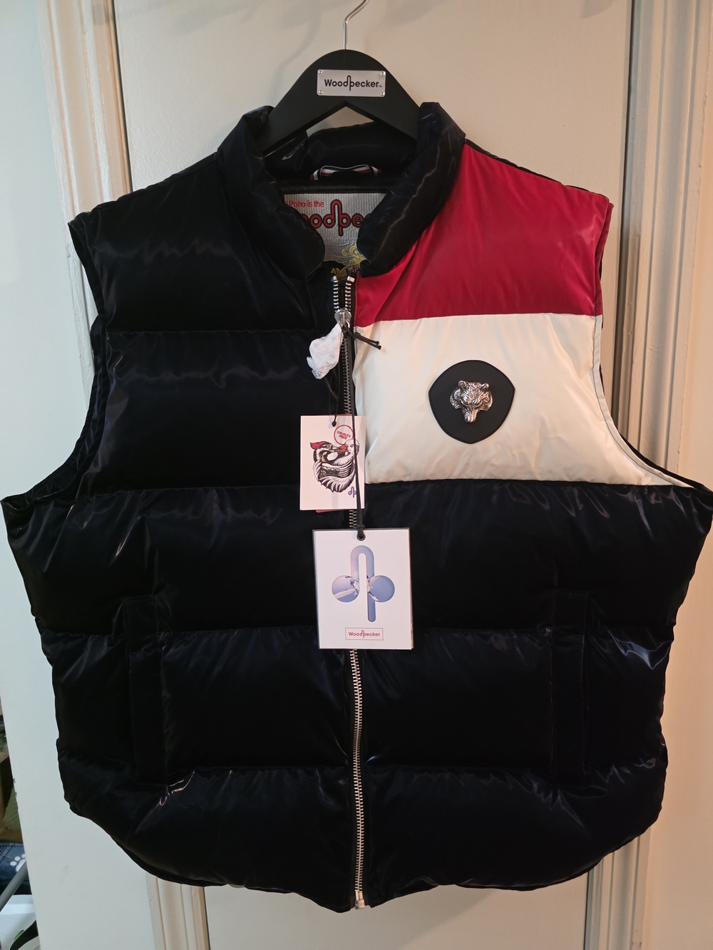 Woodpecker Puffer Vest in Navy, White & Red (Red Winged) XXL NWT